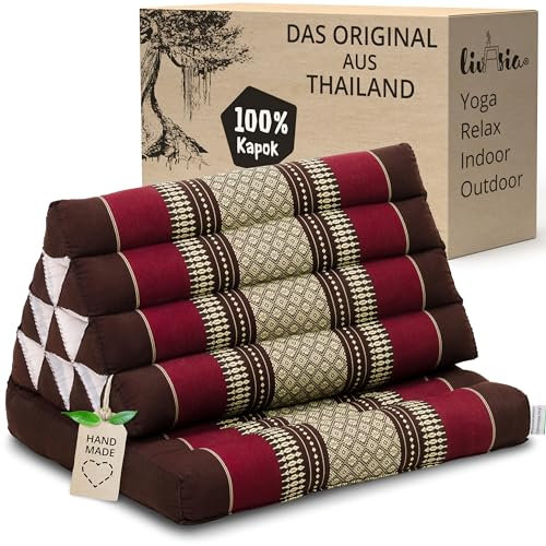 livasia Thai cushion with 1 seat rest - 30x20x3.1″ - Triangle cushion with seat cushion, Wedge cushion, kapok, Back support cushion, folding, Thai mat, folding, Hand made (Wine Red)
