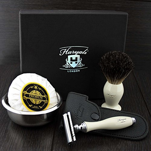 Rasoio da barba di sicurezza DE con spazzola per capelli di tasso nero,Copertura di sicurezza in pelle e ciotola con sapone