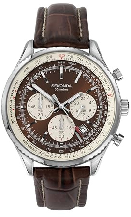 Sekonda Maverick Mens Watch – 42mm Chronograph Watch for Men with Brown Dial, Date Display and Leather Strap – 50m Water Resistant – 2 Year Warranty