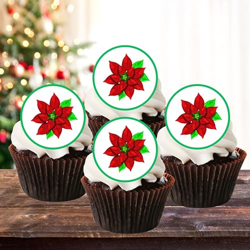 Christmas Poinsettia Cupcake Toppers, Oblatenkarten-Dekoration mit roten Beeren und grünen Blättern für Weihnachtsfeiern und festliches Backen, 24 x 4 cm große Scheiben (ungeschnitten)