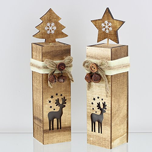 FRANK FLECHTWAREN Dekosäule, LED-Säule Rentier, im 2er Set, Höhe 22 cm, Weihnachten, Advent, Winter schöne Deko vielseitig einsetzbar