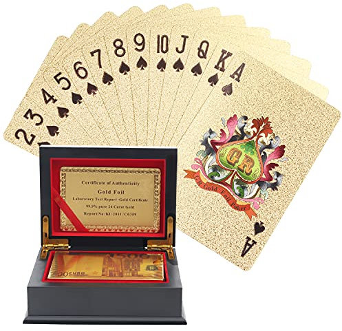 Kurtzy Carte da Poker Placcate Oro 24K - Mazzo Impermeabile in Lamina per Magia, Poker e Feste - Carte Professionali con Design da 500 Euro e Set Regalo - Carte da Burraco