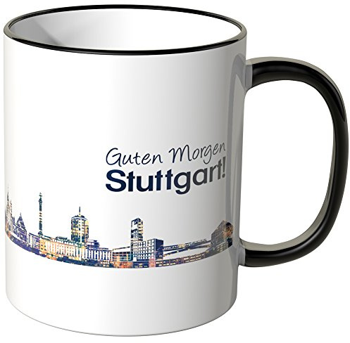 WANDKINGS® Tasse, Schriftzug Guten Morgen Stuttgart! mit Skyline bei Nacht - SCHWARZ
