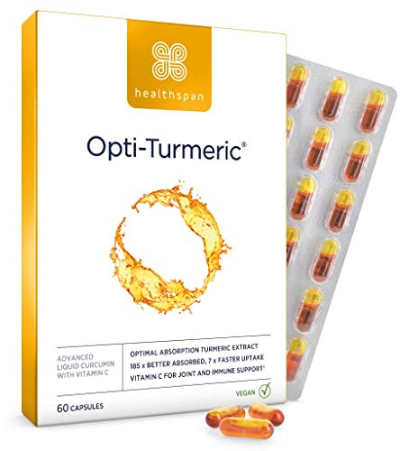 Healthspan Opti-Turmeric | hochfestes flüssiges Curcumin mit 500 mg | unterstützt Knorpelbildung | Superfood | 185-mal besser absorbiert und 7 mal schneller als Standard-Kurkuma | Vegan (60 Kapseln)