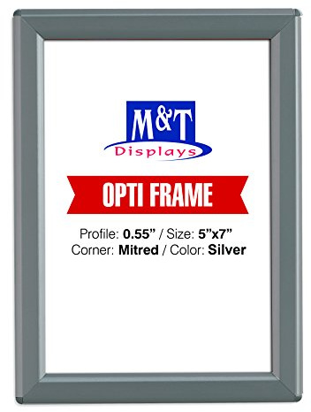 M&T Displays Opti Snap Poster Frame 5x7 Inch Silver 0.55 Aluminum Profile Front Loading Wall Mounting Photo Picture Document Certificate Sign Holder Mitered Corner Anti Glare Cover