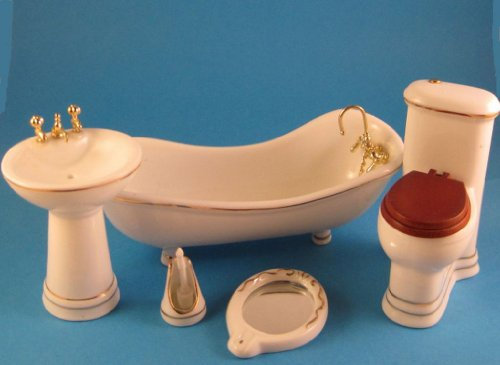 Badezimmer 5 tlg. aus Porzellan, weiß. Für 1:12 Puppenstuben.