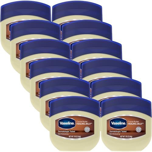 Vaseline Cocoa Butter Healing Jelly Travel-Size 12-Pack – Rich Moisturizing Ointment, Skin Protectant for Soothing Cracked, Dry Skin, 1.75 Oz Ea
