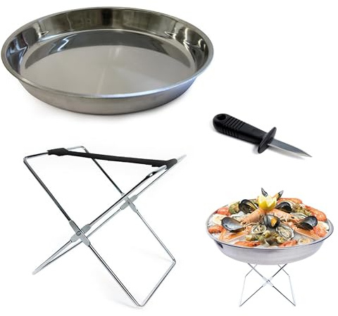 COOK CONCEPT - KU6102- Plateau À Fruits de Mer avec Support Pliable et Couteau À Huîtres Gris et Noir Inox Diamètre 34 cm, Hauteur total 22 cm, Art de la Table, Plateau de service