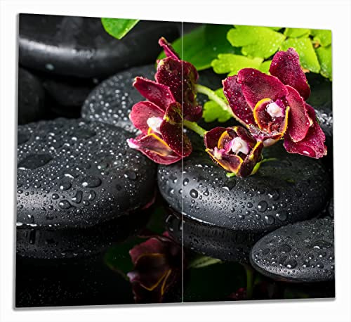 Wallario Herdabdeckplatte/Spritzschutz aus Glas, 2-teilig, 60x52cm, für Ceran- und Induktionsherde, Dunkelrote Orchideen-Blüte auf schwarzen Steinen mit Regentropfen