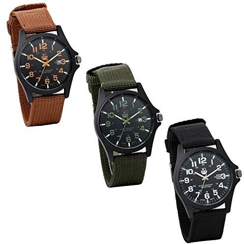 JewelryWe Klassik Herren Armbanduhr, Retro Nylon Band Quarz Analog Uhr, Sport Kalender Herrenuhr mit Digital Zifferblatt, Braun Schwarz Grün
