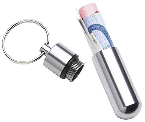 GOODS+GADGETS® Pillendose Schlüsselanhänger Alu - Mini Kapsel wasserdicht | Minikapsel aus Aluminium, 52 x 14 mm, 24 g - Gummiring-Dichtung, Schlüsselbund-Ring, silber