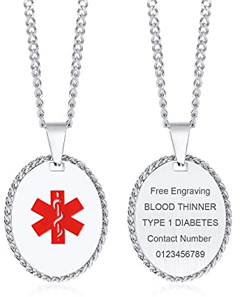 VNOX SOS Notfallkette Edelstahl Erkennungsmarke Gravur Damen Herren | Personalisierte Notfall ID Kette mit Gravur für Name, Allergien, Medikamente, Blutgruppe und ICE Kontakt