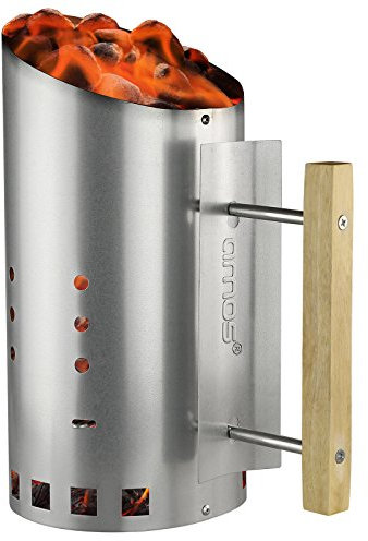 AMOS Barbecue BBQ Charcoal Chimney Starter Easy Pour Grill Quick Start Galvanised Steel Camping Fire Ignition Lighter Coal Fuel Burner Lighting Kit with Wooden Handle