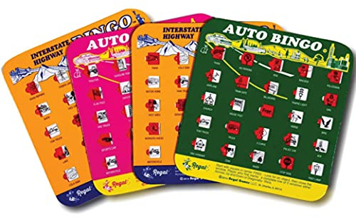 Regal Games Finger-Tip Shutter Bingo Cards with Sliding Windows - Interstate Bingo & Auto Bingo Game - Assorted Colors Travel Bingo Game Set Kids - Reusable, No Chips & Daubers Needed - 4 Packs