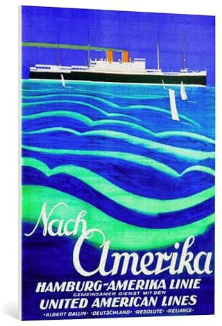 kunst für alle Leinwandbild: German School Nach Amerika Werbeplakat der Hamburg American Line 1923 - hochwertiger Druck, Leinwand auf Keilrahmen, Bild fertig zum Aufhängen, 75x100 cm