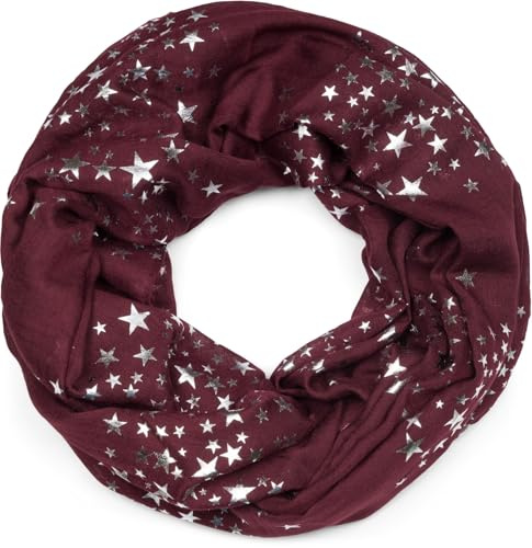styleBREAKER Sciarpa ad anello donna stelle metallizzate glitter leggera circa 89 x 75 cm per primavera e autunno, Vino rosso