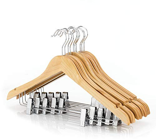 Hangerworld Lot de 10 cintres en bois à pinces coulissantes pour pantalons/jupes