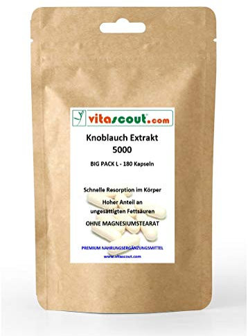 Knoblauch 180 Kapseln je 5000 mg (50 mg Extrakt, 100:1), Hochdosiert, Ohne Magnesiumstearat, Von VITASCOUT