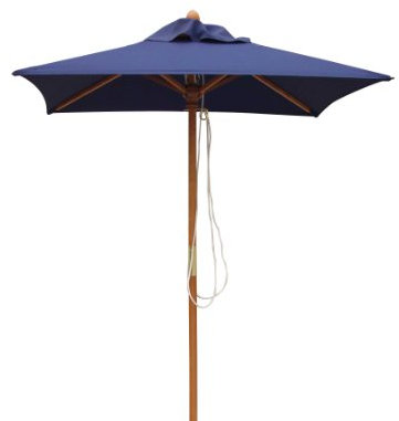 Jati Umbra 1.5m Small Wooden Patio Parasol with Cover (Blue) - Square, Single-Pulley, 2-Part Pole