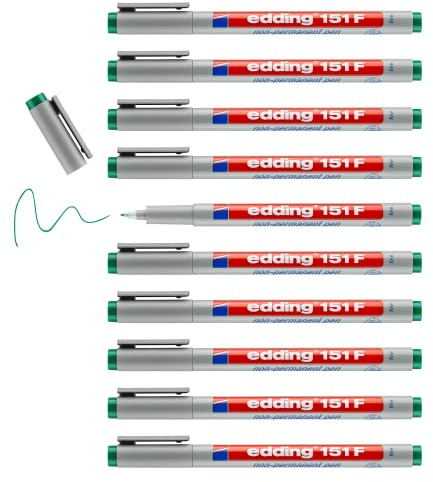edding 151 F stylo non-permanent - vert - 10 stylos - plume ronde,6 mm - stylo pour écrire sur le verre, le plastique, les films et les surfaces lisses - séchage rapide, peut être corrigé à l'eau