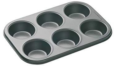 MasterClass Vassoio per muffin a 6 fori con antiaderente senza PTFE, PFOA e BPA, robusto acciaio al carbonio spesso 1 mm, teglia per cupcake da 27 x 18 cm