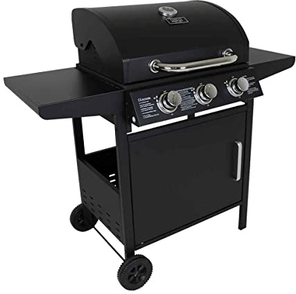 CHARLES BENTLEY 3 Burner Gas BBQ In Black With Warming Rack, Removable Grease Tray, Built In Thermometer, And Two Side Tables, Powder Coated And Great For BBQ's Outdoors (120x110cm)