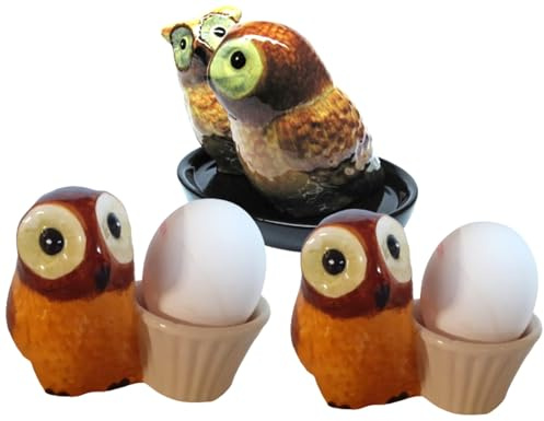 Saliere et poivriere hiboux animaux un kit du petit dejeuner de hiboux bruns Salière et Poivrière ceramique et deux coquetiers ceramique de hiboux