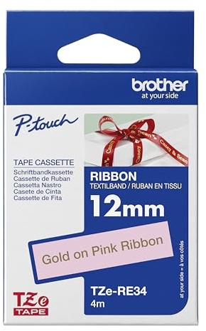 Brother Original P-touch Textil-Schriftband TZe-RE34, 12 mm gold auf rosa (u.a. für Brother P-touch H200, H100LB/R, H105, E100/VP, D200/BW/VP, D210/VP)