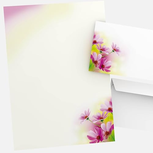 Briefpapier Set mit Umschlägen „Sommerblumen“ – 50 Teile: 25 Blatt Motivpapier DIN A4 & 25 Briefumschläge DIN LANG – florales Design für stilvolle Briefe