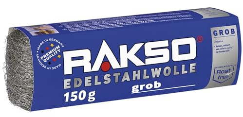 RAKSO Laine d'acier grossière - 150g, 1 banderole, inoxydable, lisse les bois tanniques sans coloration bleue du grain, Paille de Fer pour Nettoyage Intense et Dérouillage