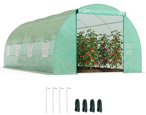 Outsunny Folieväxthus, tomatväxthus, drivhus, folietunnel, drivbänk med fönster, grön, 590 x 300 x 200 cm