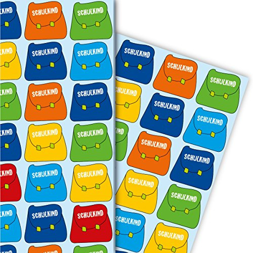 Buntes Einschulungs Geschenkpapier Set (4 Bogen) Dekorpapier mit Schulranzen Schulkind , für tolle Geschenk Verpackung und Überraschungen zum Schulanfang 32 x 48cm