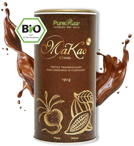 MaKao Classic Kakao Maca Lucuma Carob (Bio Roh Vegan) Trinkschokolade ohne Zucker Kaffeeersatz Heiße Schokolade Schokomilch Superfood Getränkepulver - Hot Chocolate Cacao Drink Powder - PureRaw 190g