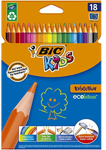 BIC Kids ECOlutions Evolution Buntstifte Set für Kinder ab 5 Jahren – Farbstifte ohne Holz, mit bruchsicherer Mine - sicher Schreiben – 18 Stifte im Kartonetui