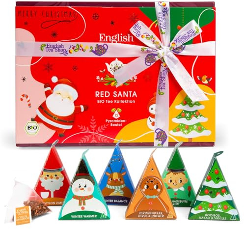 ETS - Teegeschenk mit Schleife Red Santa Christmas | BIO Wintertee Set | Geschenk Weihnachten Wichtelgeschenk Weihnachtsdeko | 12 Pyramidenbeutel