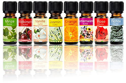 Duftöl 8er SET Duftoel, Oel mit den Dueften Wildkirsche, Fichte, Blumenwiese, Jasmin, Vanille, Rose, Orange, Minze, Raumduft, 8x 10 ml