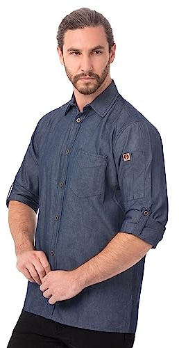 Chef Works Men's Detroit Long Sleeve Denim Shirt, Indigo Blue, Medium