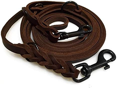 Fettleder Führleine braun 2,40m mit Edelstahl Haken in schwarz, Lederleine (240cm x 10mm)