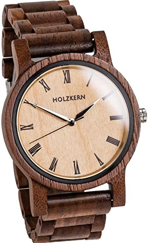 Holzkern Orologio da uomo analogico in legno di noce/acero marrone Herbstdämmerung