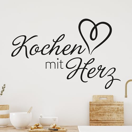 GRAZDesign Wandtattoo Küche Sprüche | Kochen mit Herz | Wandsticker Sticker Esszimmer Wanddeko Coffee Wandaufkleber, Küchenrückwand Küchen Deko Aufkleber selbstklebend, 47x30cm, 070 schwarz