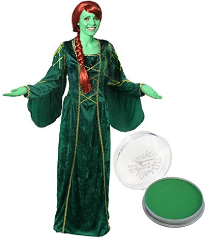 I LOVE FANCY DRESS FIONA PRINZESSIN KOSTÜM VERKLEIDUNG - RENAISSANCE TUDOR KÖNIGIN - GRÜNES KLEID MIT GOLDENEN STICKERIEN + ROTE ZOPF PERÜCKE + GRÜNES MAKE UP (STANDARD)