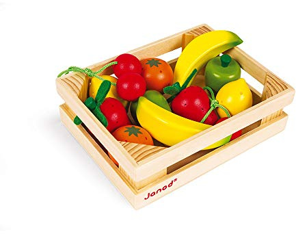 Janod - Obstkiste mit 12 Holzfrüchten, Puppen-Teeküche, Küchenset, Kaufladen-Zubehör, Spielzeugnachbildung, ab 3 Jahren, J05610