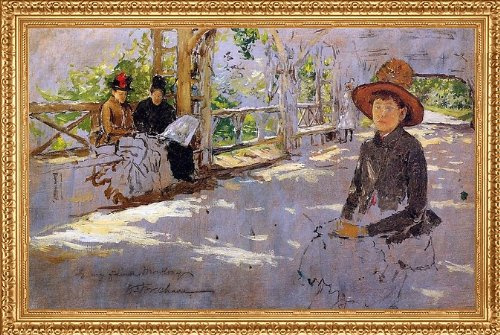 Art Oyster William Merritt Chase Women under Trellis (unfinished) - 18 x 27 Premium Canvas Print with Antique Gold Finish Frame