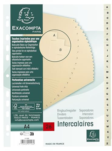 Exacompta 1126E 5er Pack Karton-Register A-Z für DIN A4 aus Karton 26-teilig volle Höhe 21 x 29,7 cm elfenbein mit bedruckten Taben Universallochung Trennblätter Trennstreifen Ordner-Register