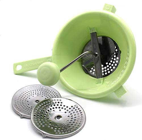 Fackelmann Pasapures Manual Chino Pequeño con tres discos en acero inoxidable de ralladura gruesa a más fina, color verde e inox., 1ud.