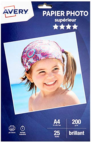 AVERY - 25 feuilles de papier photo 200g/m² brillant. Format A4. Impression jet d'encre.