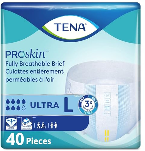TENA Ultra Breathable Briefs, Incontinence, Disposable, Heavy Absorbency, Large, 40 Count, 40 Packs, 40 Total