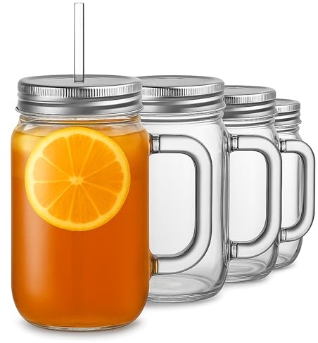 Plastic Mason Drinking Jar Glasses 20oz / 568ml - Set of 4 - bar@drinkstuff BPA Free SAN Plastic Drinking Jars with Lid & Straw