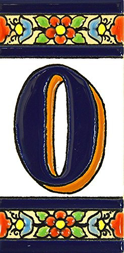 Numéro maison. Écriteaux avec numéros et lettres. Carreaux de céramique polychromée, peints à la main dans technique corde sèche (cuerda seca) pour plaques avec numéros, noms, directions et signalisation. Texte personnalisable. Dessin FLORES MEDIANO 10,9 cm x 5,4 cm. (NUMÉRO ZÉRO 0)
