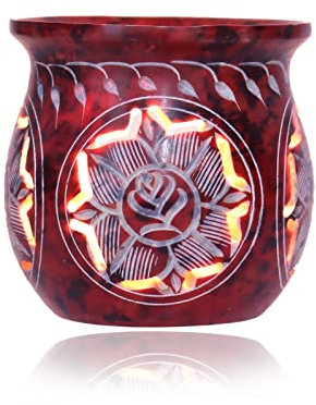 Budawi® Räucherstövchen aus rotem Speckstein mit Blume | Handgearbeitetes Räuchergefäß & Duftstövchen mit Edelstahlsieb – Blüten-Design für Harze, Kräuter & Mischungen